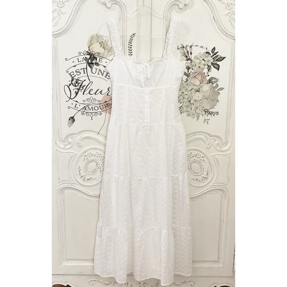 Lulus Nerissa Dress Women's L White Midi Eyelet Embroidered Drop Waist NWOT - Picture 5 of 12